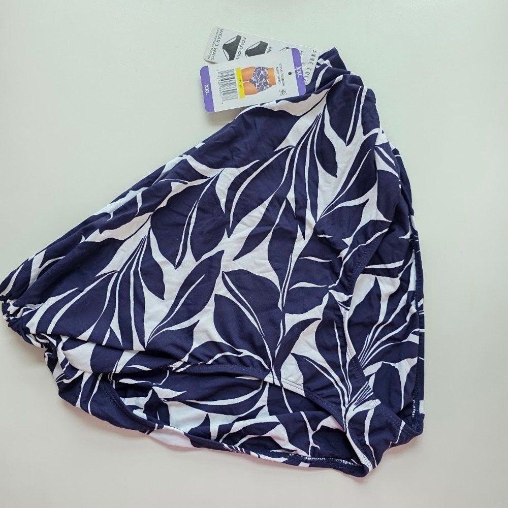 Anne Cole Bikini Bottoms Womens XXL Navy White‎ Leaf Print High Waist Swim NWT